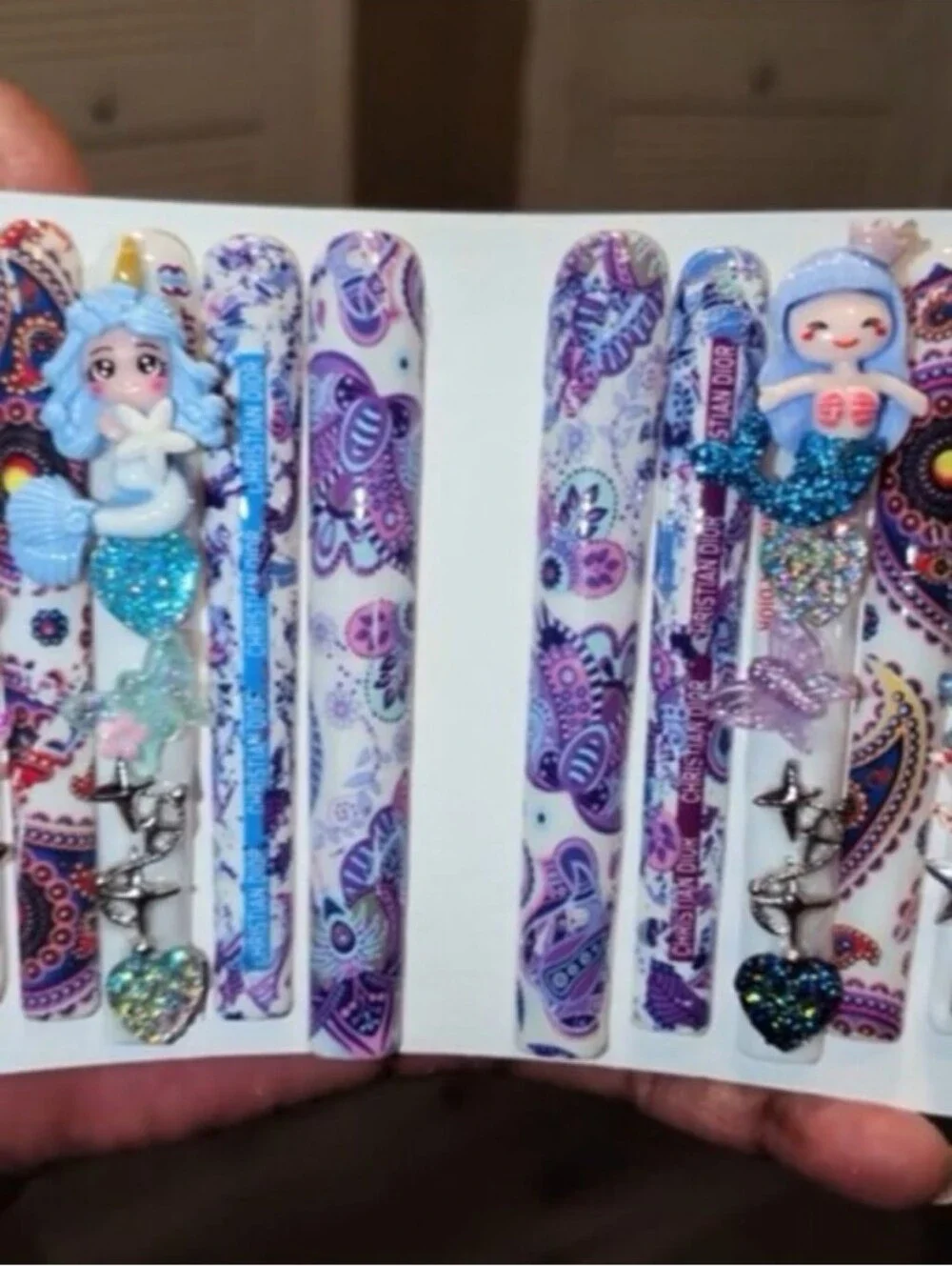 Hand CRAFTED Ladies Mermaid Press On  Nail  Set - Purple & Blue Paisley Sz Large